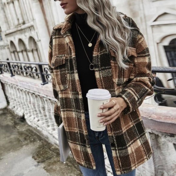 Cozy Brown Black teddy Jacket Coat Pockets - Picture 4 of 5